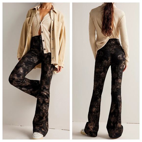 Nw Free People We the Free Jayde High Rise Flare Leg Jeans Pants 30 Blk Metallic - Picture 1 of 10
